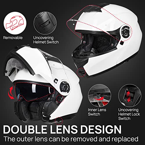 ILM Adult Motorcycle Modular Full Face Helmet Flip up Dual Visor DOT Approved Model 159(White,Medium) - Image 4