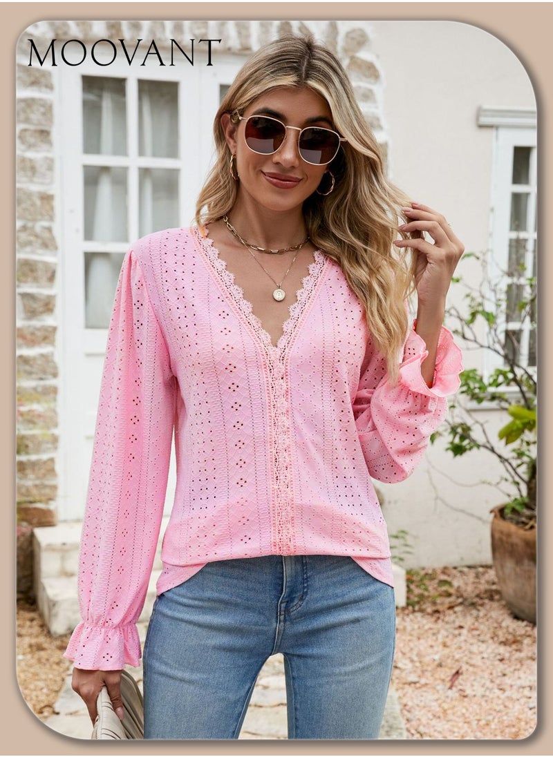 Women's Cotton V-neck Long Sleeve Shirt, Solid Color Hollow, Casual Pleated Sleeve Loose Top Shirt, Pink - pzsku/ZD5DE9B1F56165ABBF817Z/45/_/1724730924/062b4f72-7bd4-4ab4-a69f-d01a9d153bb5