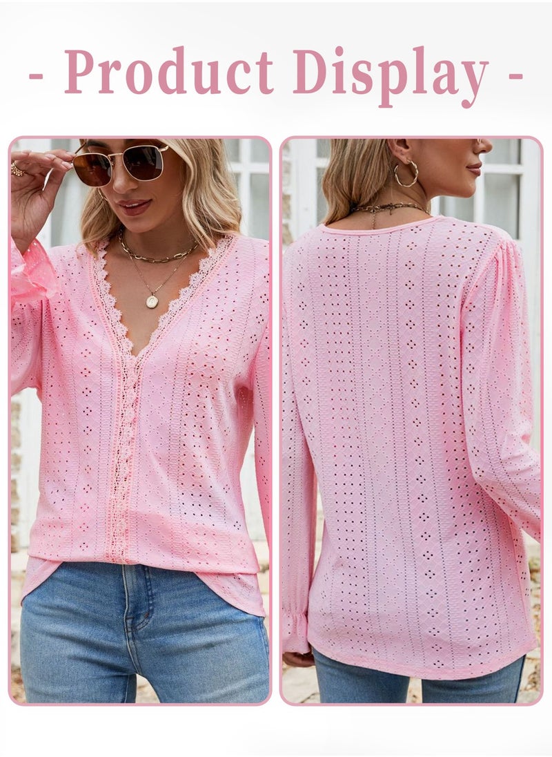 Women's Cotton V-neck Long Sleeve Shirt, Solid Color Hollow, Casual Pleated Sleeve Loose Top Shirt, Pink - pzsku/ZD5DE9B1F56165ABBF817Z/45/_/1730715408/29537509-b306-468f-89f4-97a961fca533