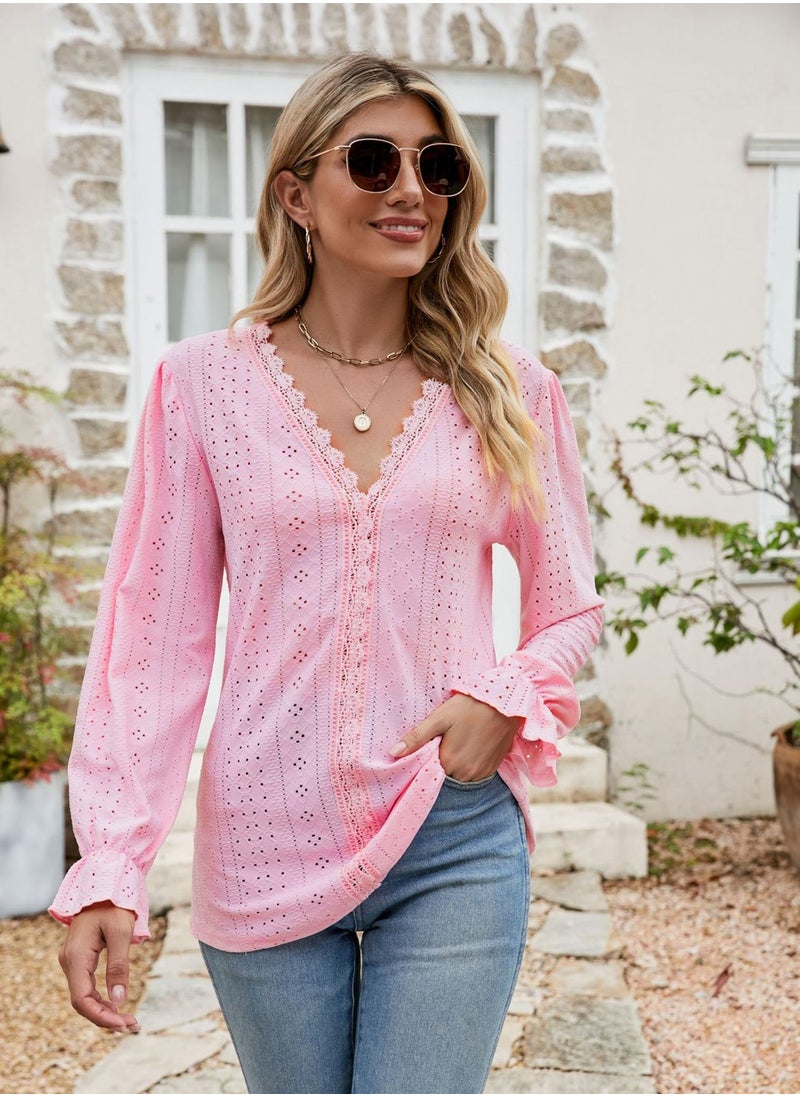 Women's Cotton V-neck Long Sleeve Shirt, Solid Color Hollow, Casual Pleated Sleeve Loose Top Shirt, Pink - pzsku/ZD5DE9B1F56165ABBF817Z/45/_/1730715436/122a60ce-ef21-4d3e-b4b2-fa3315a9fe73