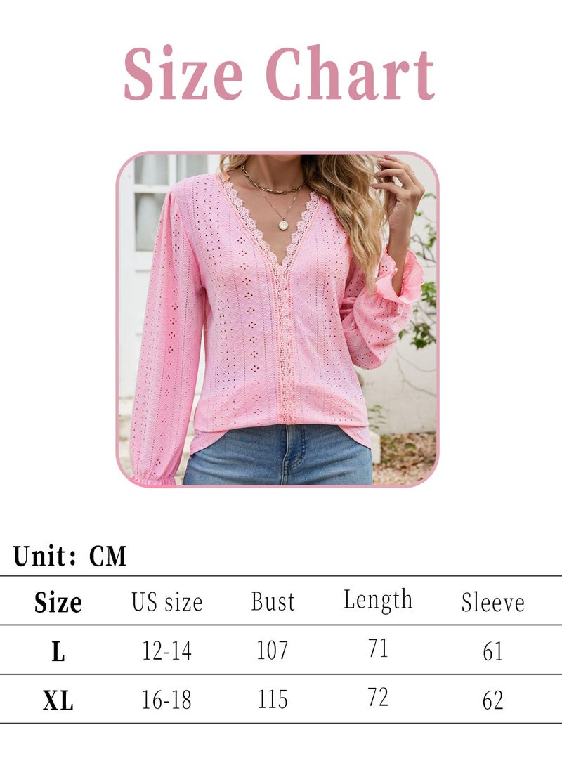 Women's Cotton V-neck Long Sleeve Shirt, Solid Color Hollow, Casual Pleated Sleeve Loose Top Shirt, Pink - pzsku/ZD5DE9B1F56165ABBF817Z/45/_/1730715506/1c908820-c37d-496a-bdc0-786c8f56ad8d