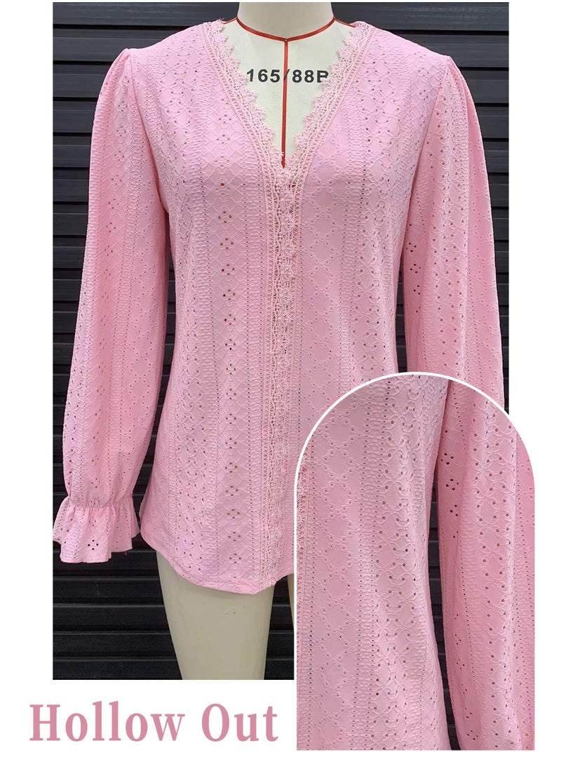 Women's Cotton V-neck Long Sleeve Shirt, Solid Color Hollow, Casual Pleated Sleeve Loose Top Shirt, Pink - pzsku/ZD5DE9B1F56165ABBF817Z/45/_/1730715513/c1d894ea-ee19-4997-b296-57533051e65c