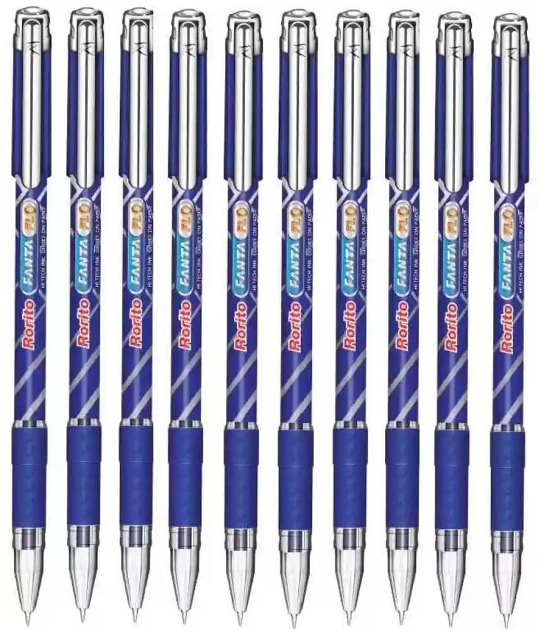 Rorito's Fantaflo 20 Blue Ballpoint Pens Fanta flo with Dotted Grip for Comfort Holding. Ideal for Exam Writings, Circle Filling, waterproof ink 1 mm Tip for smooth ink flows.