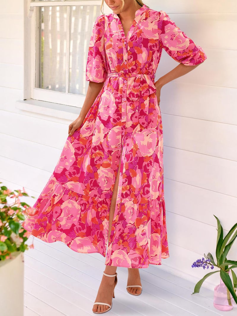 MASCOMODA Womens Floral Maxi Dresses Boho Summer Casual V Neck 3/4 Puff Sleeve Button Down Tie Waist Long Flowy Shirt Dress(Rose Red Flower,XX-Large) - Image 5