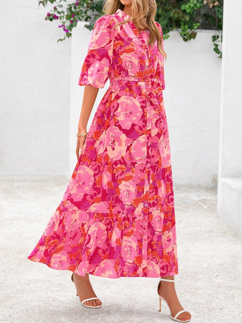 MASCOMODA Womens Floral Maxi Dresses Boho Summer Casual V Neck 3/4 Puff Sleeve Button Down Tie Waist Long Flowy Shirt Dress(Rose Red Flower,XX-Large) - Image 3