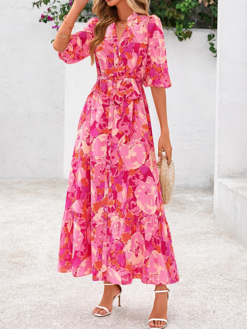MASCOMODA Womens Floral Maxi Dresses Boho Summer Casual V Neck 3/4 Puff Sleeve Button Down Tie Waist Long Flowy Shirt Dress(Rose Red Flower,XX-Large) - Image 4