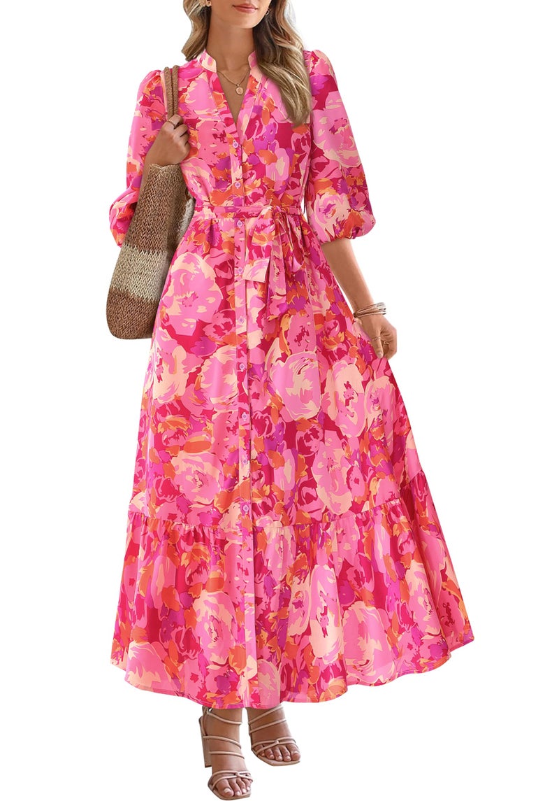 MASCOMODA Womens Floral Maxi Dresses Boho Summer Casual V Neck 3/4 Puff Sleeve Button Down Tie Waist Long Flowy Shirt Dress(Rose Red Flower,XX-Large) - Image 1