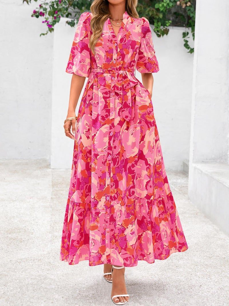 MASCOMODA Womens Floral Maxi Dresses Boho Summer Casual V Neck 3/4 Puff Sleeve Button Down Tie Waist Long Flowy Shirt Dress(Rose Red Flower,XX-Large) - Image 2