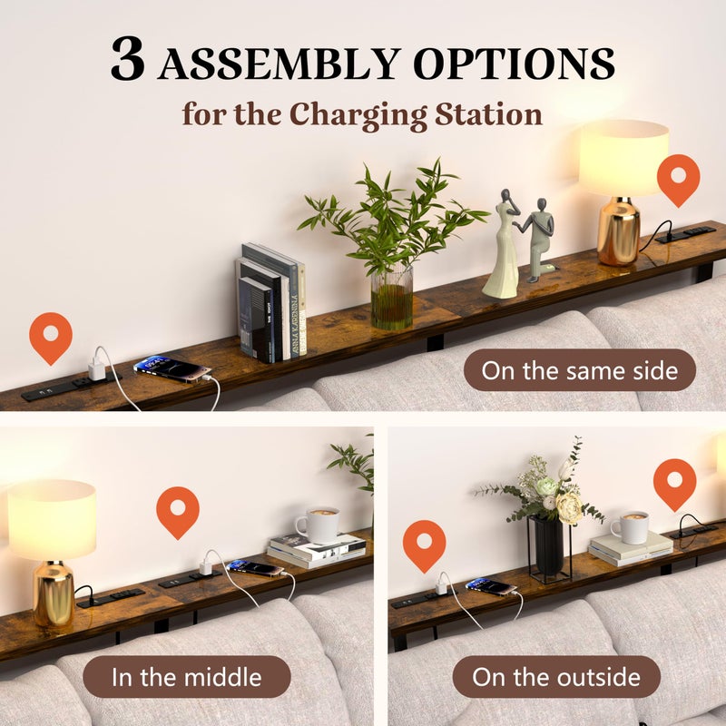 GRLEAF 90" Sofa Table with Built-in Power Strip (4 AC Outlets & 4 USB Ports) â€“ 4.9ft Power Cord, Metal Frame, Easy Assembly, Long Couch Table Behind Sofa, Living Room and Home Office | Rustic Brown - Image 4