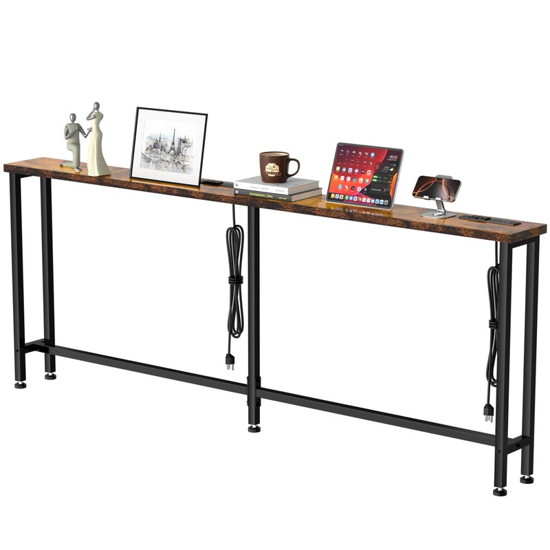GRLEAF 90" Sofa Table with Built-in Power Strip (4 AC Outlets & 4 USB Ports) â€“ 4.9ft Power Cord, Metal Frame, Easy Assembly, Long Couch Table Behind Sofa, Living Room and Home Office | Rustic Brown - Image 1