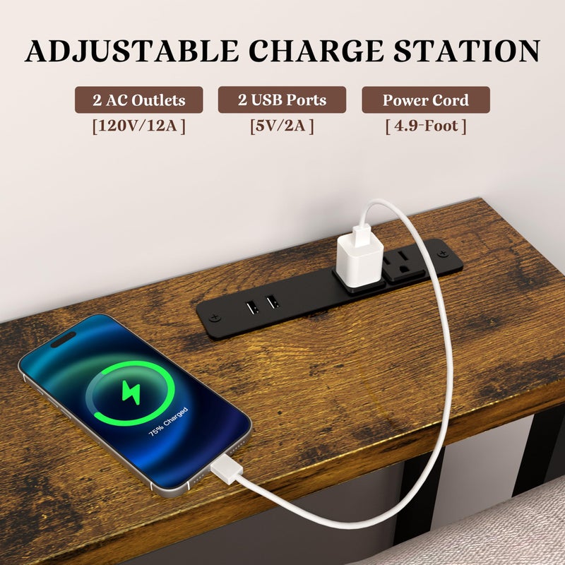 GRLEAF 90" Sofa Table with Built-in Power Strip (4 AC Outlets & 4 USB Ports) â€“ 4.9ft Power Cord, Metal Frame, Easy Assembly, Long Couch Table Behind Sofa, Living Room and Home Office | Rustic Brown - Image 3