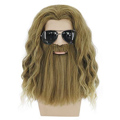 BERON Long Curly Blonde Brown Mens Wigs With Mustache Halloween Cosplay Costume Party Wig False Beard - Image 1