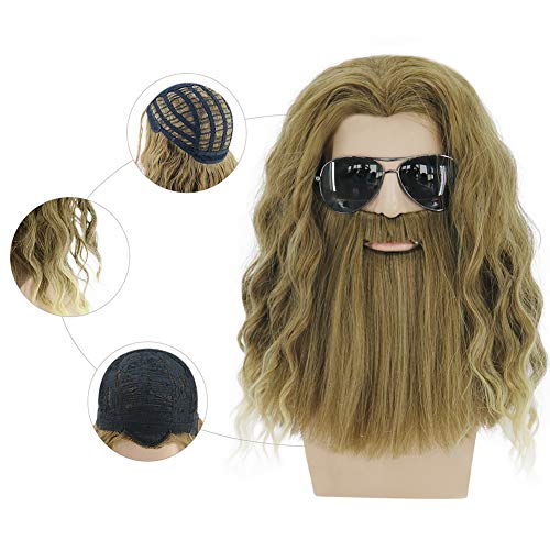 BERON Long Curly Blonde Brown Mens Wigs With Mustache Halloween Cosplay Costume Party Wig False Beard - Image 2