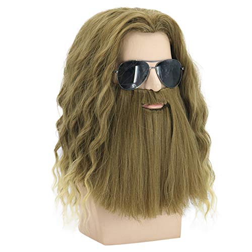 BERON Long Curly Blonde Brown Mens Wigs With Mustache Halloween Cosplay Costume Party Wig False Beard - Image 4