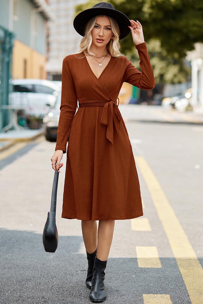 Newshows Womens 2025 Fall Dresses Teacher Church Business Casual Work Outfits Knit Midi Sweater Pockets Belt Dress(Caramel, XL) - Image 5