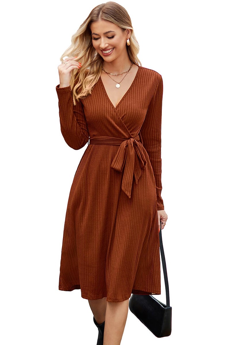 Newshows Womens 2025 Fall Dresses Teacher Church Business Casual Work Outfits Knit Midi Sweater Pockets Belt Dress(Caramel, XL) - Image 1