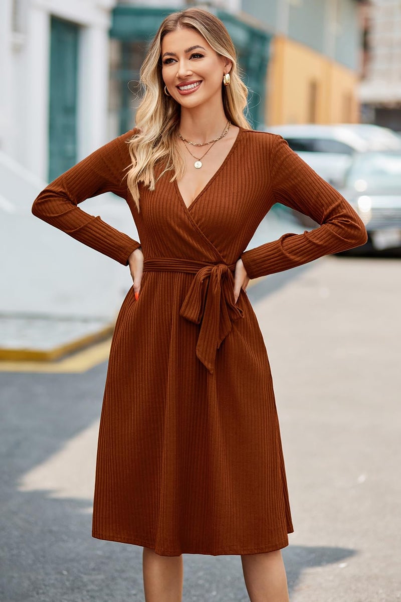 Newshows Womens 2025 Fall Dresses Teacher Church Business Casual Work Outfits Knit Midi Sweater Pockets Belt Dress(Caramel, XL) - Image 2