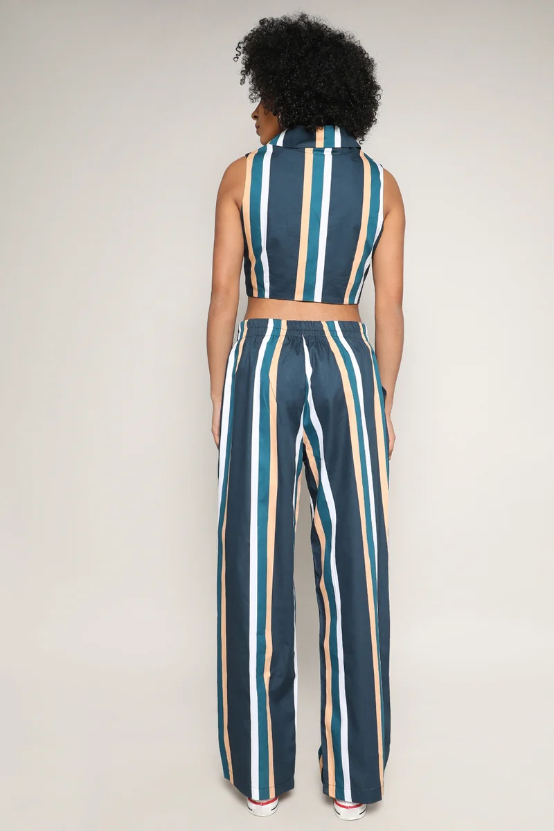 Pinacolada  Women's Prussian Blue Striped Vest Co-Ord Set for Women | Best Price UAE