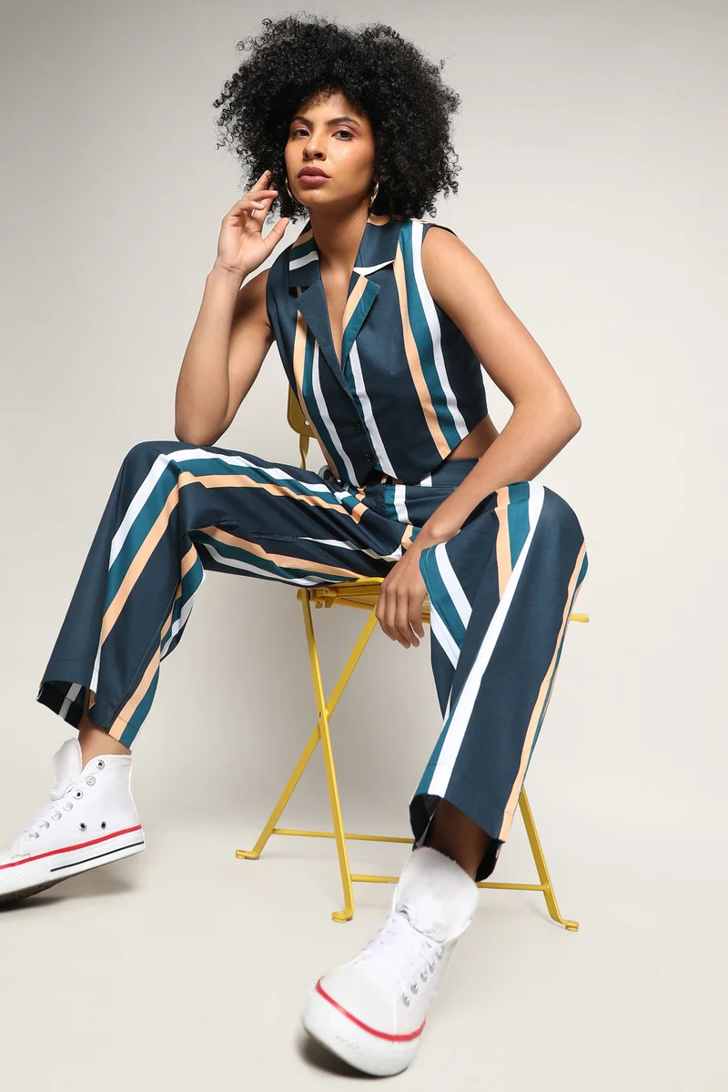 Women's Prussian Blue Striped Vest Co-Ord Set