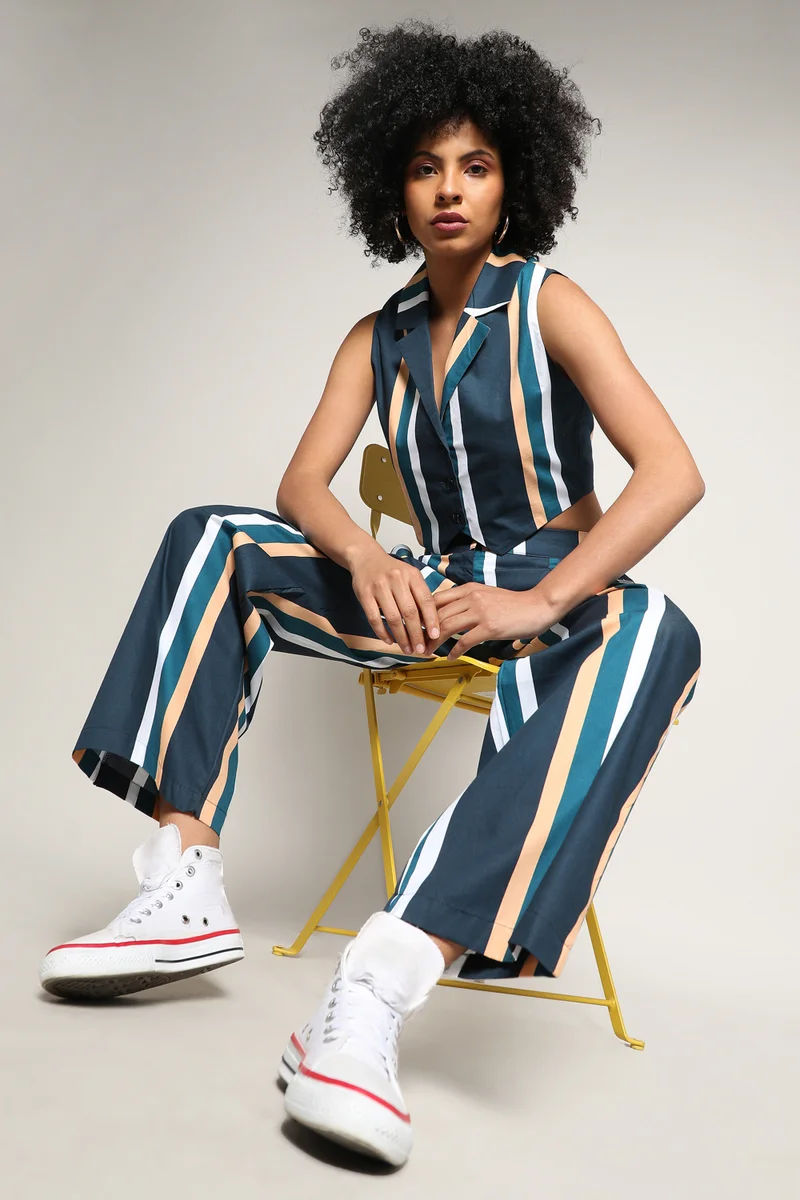 Pinacolada  Women's Prussian Blue Striped Vest Co-Ord Set for Women | Best Price UAE