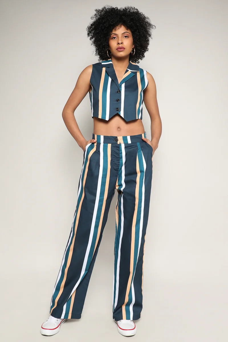 Campus Sutra Women's Prussian Blue Striped Vest Co-Ord Set