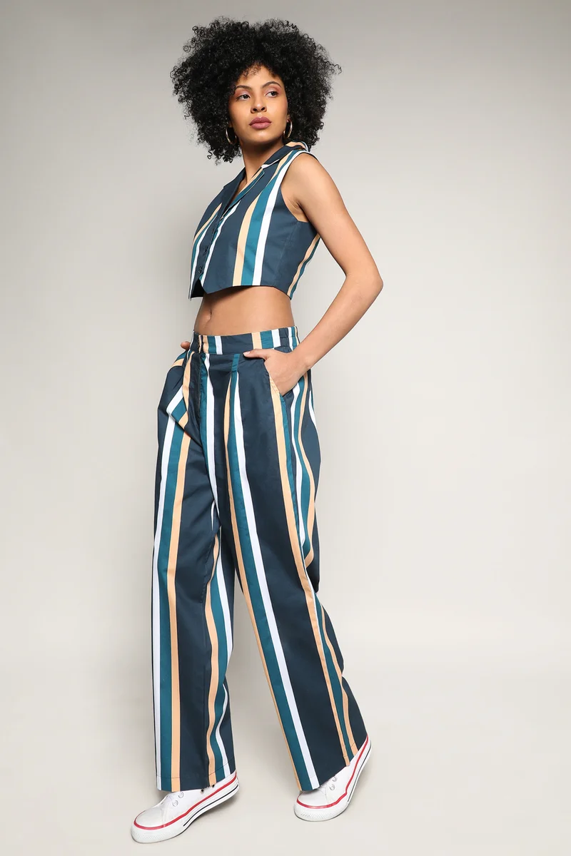 Pinacolada  Women's Prussian Blue Striped Vest Co-Ord Set for Women | Best Price UAE