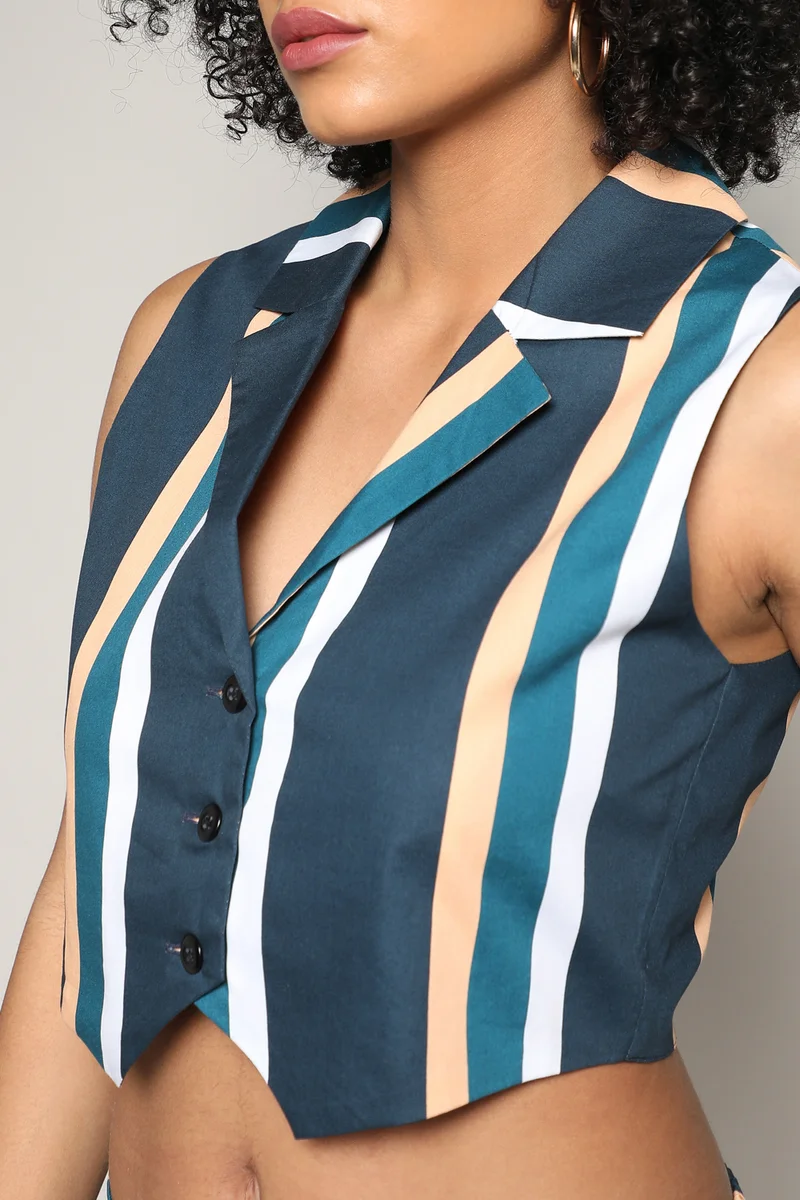 Pinacolada  Women's Prussian Blue Striped Vest Co-Ord Set for Women | Best Price UAE