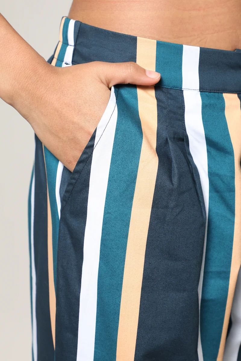 Pinacolada  Women's Prussian Blue Striped Vest Co-Ord Set for Women | Best Price UAE
