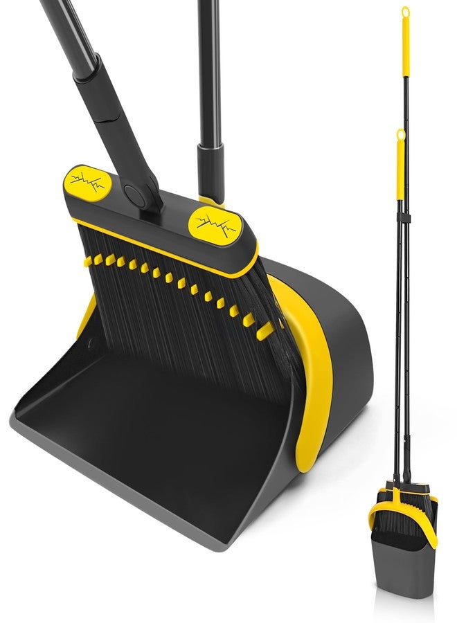 JEHONN ممسحة جيهون ووعاء الغبار، مقبض طويل بطول 54.3 بوصة، فرشاة دوارة، وعاء غبار قابل للطي مع أسنان مشط لتنظيف الأرضيات الداخلية في المنزل والمطبخ واللوبي (أسود وأصفر) - Image 1