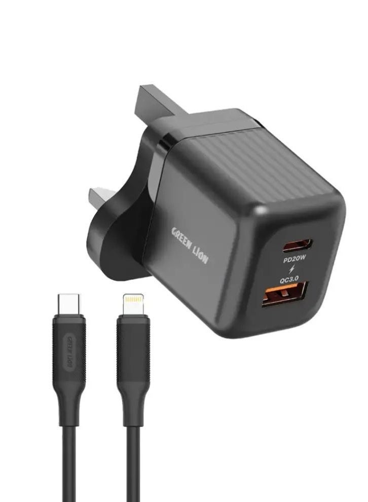 جرين ليون شاحن GaN قوي بقدرة 20 واط - يدعم تقنية USB-C لتوصيل الطاقة، شحن سريع، حماية من زيادة التيار، محول قابس بريطاني مناسب للسفر مع كابل من النوع C إلى L - Image 1