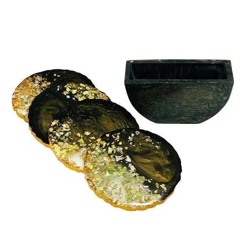 SHOPMEFAST Handmade Resin Drink Coasters with Holder – Premium Round Cream 4-Inch Gold & Silver Flakes Tea, Coffee & Chai Coaster Set for Home Table Protection & Kitchen Décor (Set of 4) - Image 1