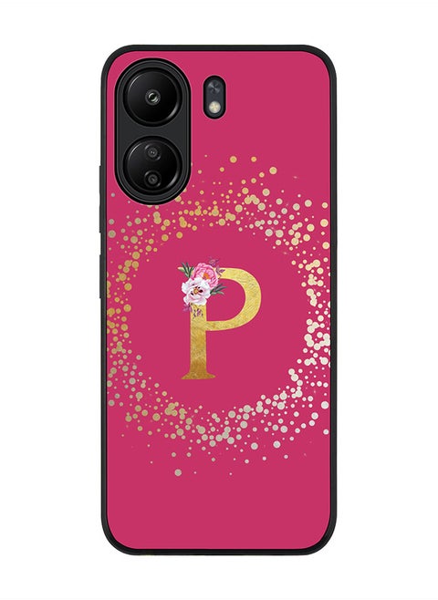 Rugged Black edge case for Xiaomi Poco C65 Case Cover- Custom Monogram Initial Letter Floral Pattern Alphabet- P (Deep Pink rose)