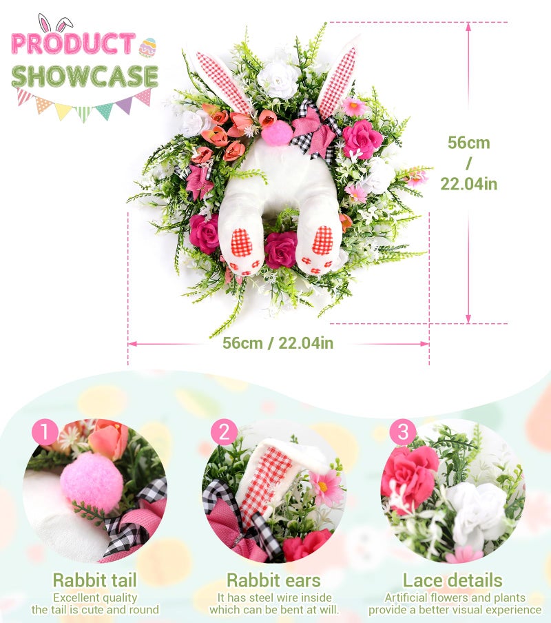 VZQI Easter Wreath with Bunny Butt, Artificial Twig and Flower Decor, 18 Inch Rustic Spring Door Wreath - Image 3