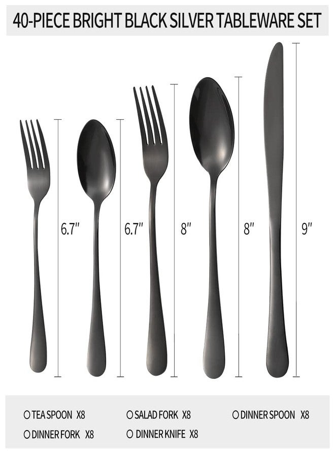Xingjiake Black Silverware Set 40 Piece for 8, Stainless Steel Flatware Cutlery Set with Forks and Spoons, Kitchen Utensils Set, Dishwasher Safe - Image 2