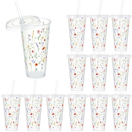 Jingmore 12 Pcs Reusable Wildflower Cups with Lids and Straws 24 oz Plastic Cute Floral Tumbler Iced Coffee Cup Travel Mug Party for Smoothie Juice Birthday Spring Wildflower Party Supplies Gifts - Image 1