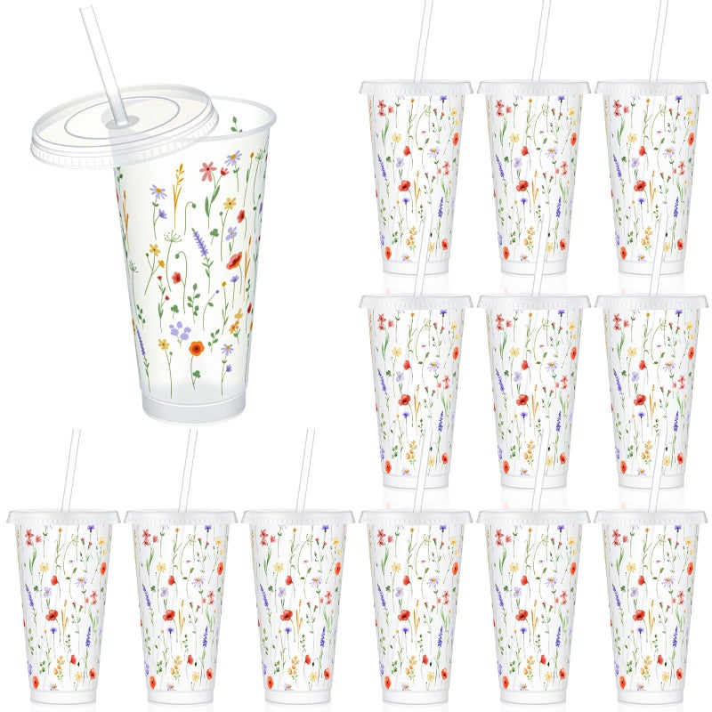 Jingmore 12 Pcs Reusable Wildflower Cups with Lids and Straws 24 oz Plastic Cute Floral Tumbler Iced Coffee Cup Travel Mug Party for Smoothie Juice Birthday Spring Wildflower Party Supplies Gifts - Image 2