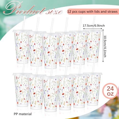 Jingmore 12 Pcs Reusable Wildflower Cups with Lids and Straws 24 oz Plastic Cute Floral Tumbler Iced Coffee Cup Travel Mug Party for Smoothie Juice Birthday Spring Wildflower Party Supplies Gifts - Image 3