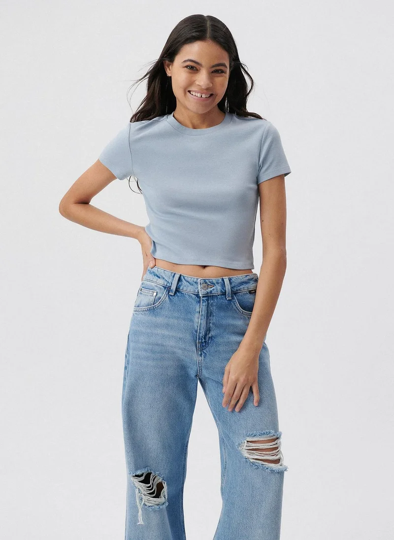 مافي Crew Neck Blue Basic T-Shirt