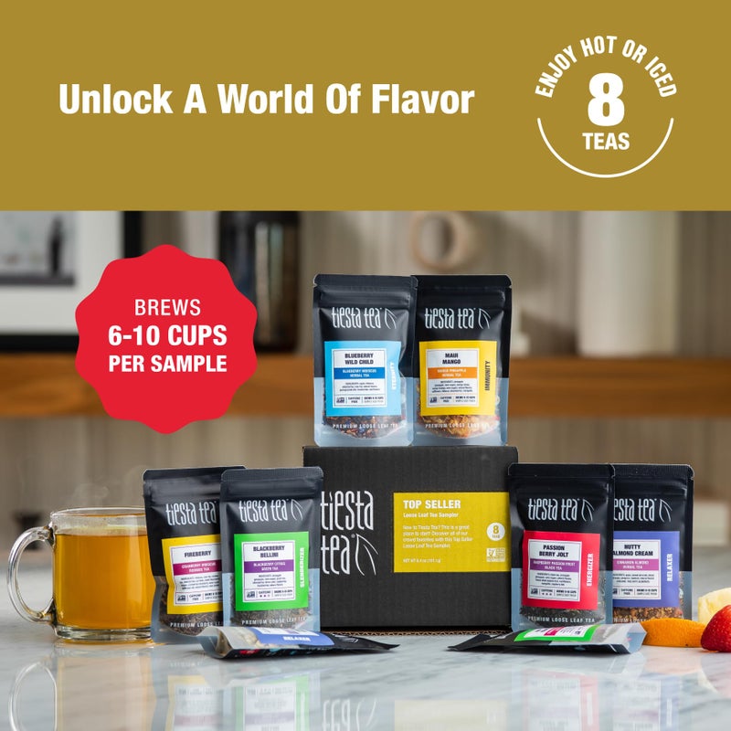 Tiesta Tea Top 8 Favorites Sampler Set, Up to 80 Cups, High to No Caffeine, Hot & Iced Tea, Loose Leaf Tea Variety Pack with Green, Herbal, Black & Chai Tea, 8 Sample Pouches - Image 2