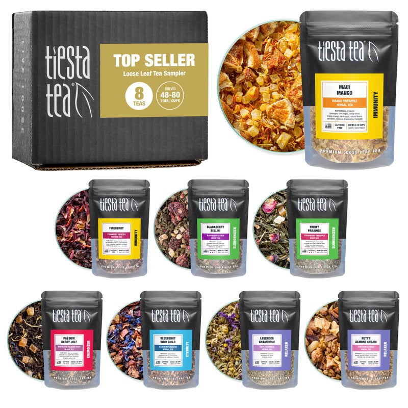 Tiesta Tea Top 8 Favorites Sampler Set, Up to 80 Cups, High to No Caffeine, Hot & Iced Tea, Loose Leaf Tea Variety Pack with Green, Herbal, Black & Chai Tea, 8 Sample Pouches - Image 1