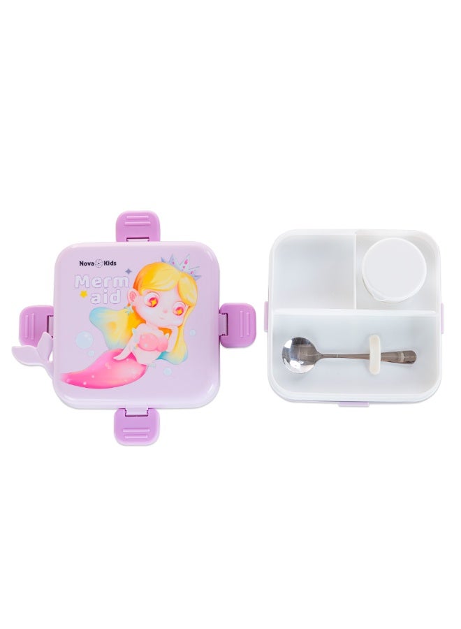 Nova kids صندوق غداء بنتو للأطفال من نوفا ستانلس ستيل 3 أقسام مع ملعقة وعلبة صلصة - بنفسجي حورية البحر - Image 2