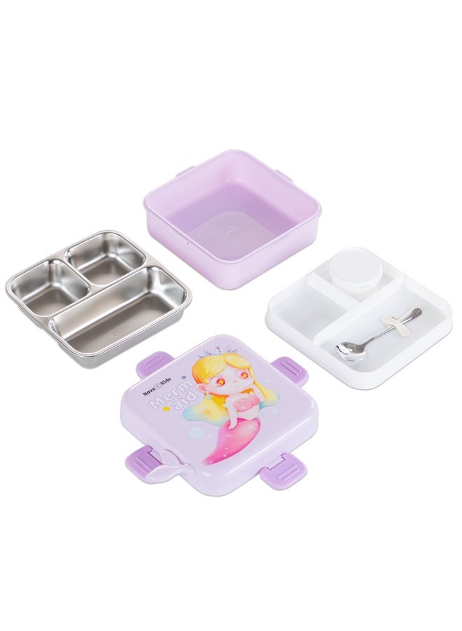 Nova kids صندوق غداء بنتو للأطفال من نوفا ستانلس ستيل 3 أقسام مع ملعقة وعلبة صلصة - بنفسجي حورية البحر - Image 5