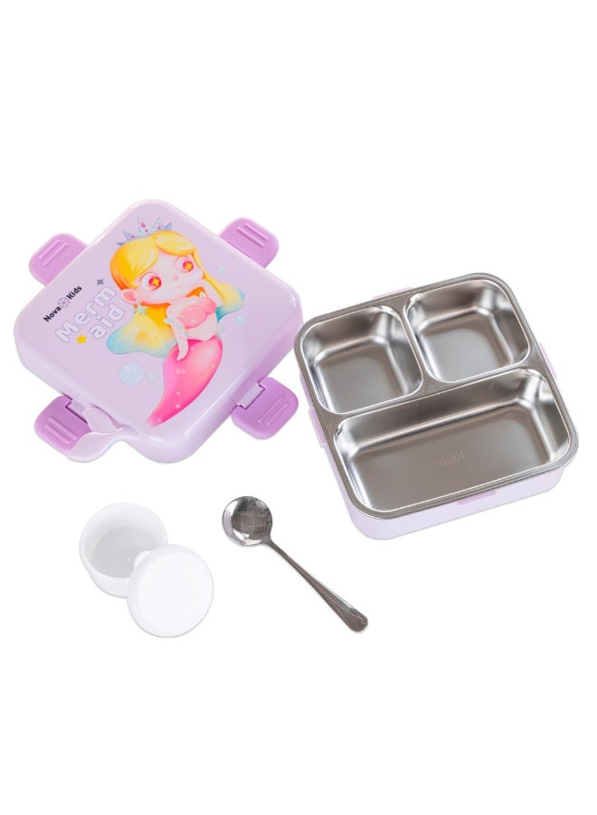 Nova kids صندوق غداء بنتو للأطفال من نوفا ستانلس ستيل 3 أقسام مع ملعقة وعلبة صلصة - بنفسجي حورية البحر - Image 1
