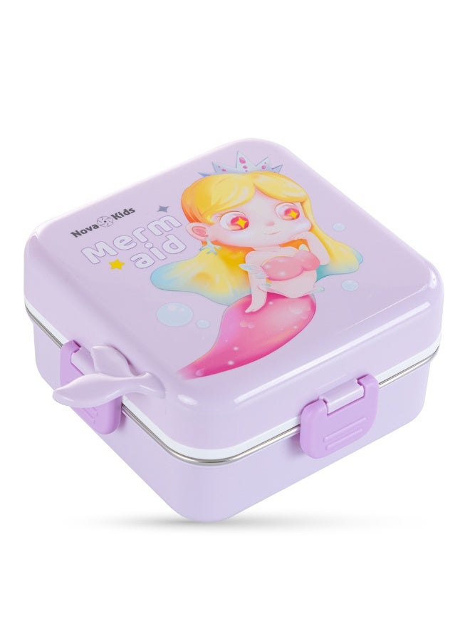 Nova kids صندوق غداء بنتو للأطفال من نوفا ستانلس ستيل 3 أقسام مع ملعقة وعلبة صلصة - بنفسجي حورية البحر - Image 3