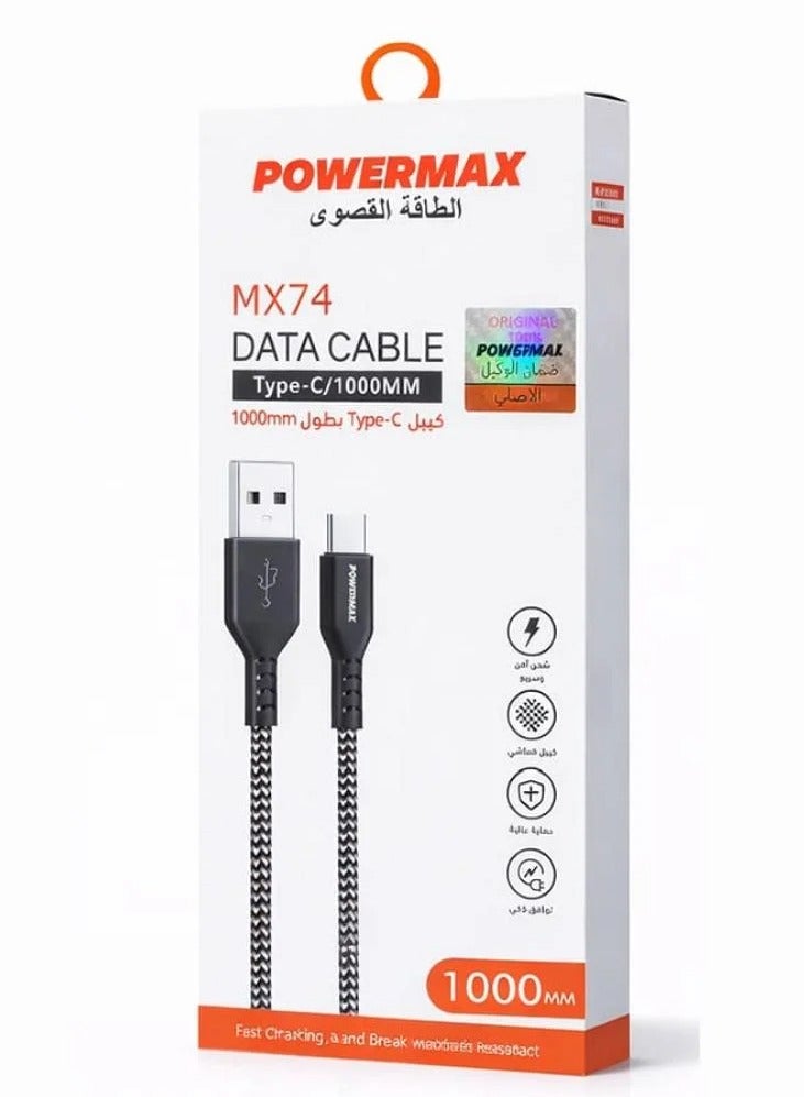 PowerMax 1m Fast Type-C Charging Cable, Braided Fabric, Cut Resistant, Fast Data Transfer - Image 1