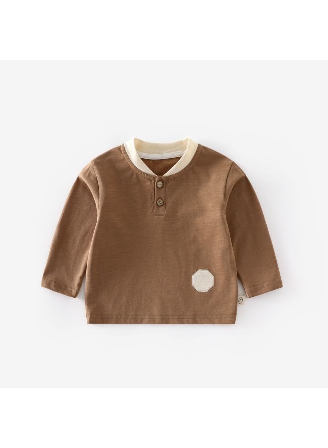 Children's Patchwork Base Shirt, Left And Right Side, Autumn Boys' Korean Style V-neck Color-block T-shirt, Trendy Baby Polo Shirt