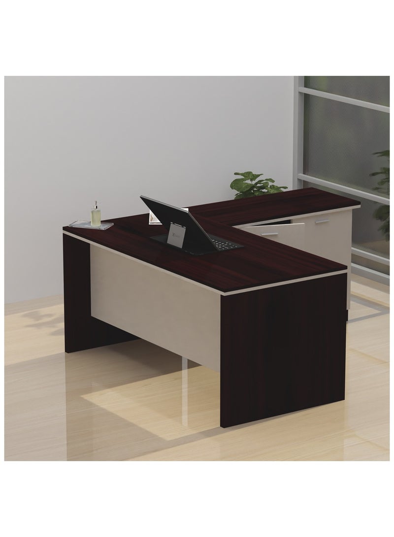 ماهاماي مكتب عمل تنفيذي على شكل حرف L من ماهمايي زيلدا M225 مع خزانة، سهل التنظيف، مثالي للمنزل والمكتب، لون الجوز الداكن - Image 1