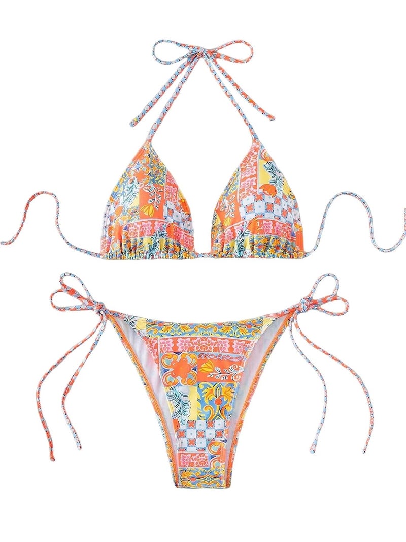 Falainetee Women's Floral Print Bathing Suit High Waisted Halter Swimsuit Bikini Set Yellow S - Image 1