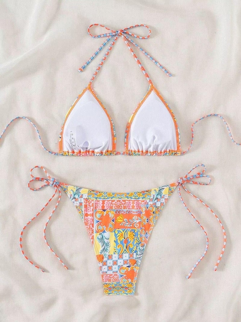Falainetee Women's Floral Print Bathing Suit High Waisted Halter Swimsuit Bikini Set Yellow S - Image 3