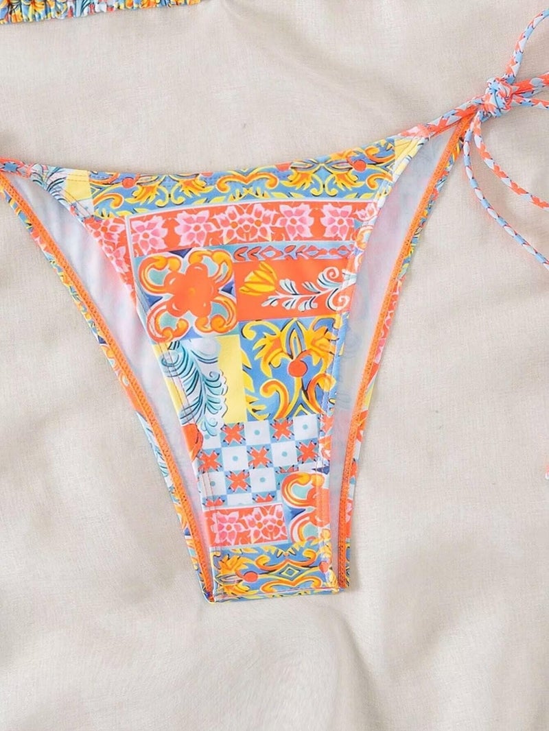 Falainetee Women's Floral Print Bathing Suit High Waisted Halter Swimsuit Bikini Set Yellow S - Image 4